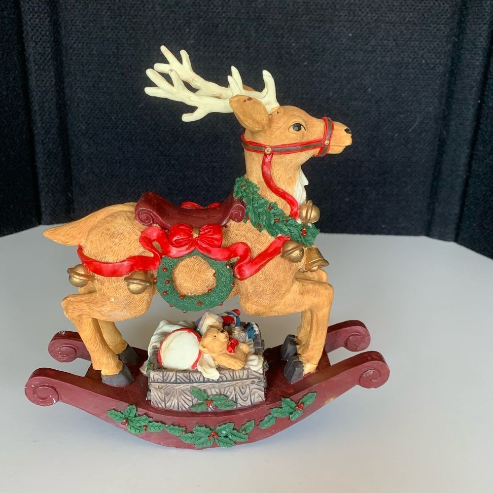 Christmas Musical Reindeer Rocking Horse Figurine Resin Decor Sanyo Plays Jingle